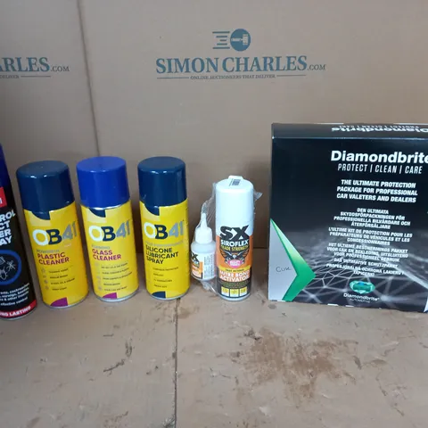 APPROXIMATELY 10 ASSORTED AEROSOLS TO INCLUDE INSECT KILLER SPRAY, GLASS CLEANER, AND DIAMOND BRITE KIT ETC.