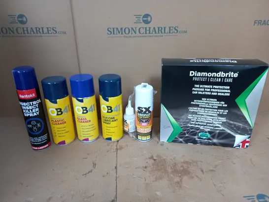 APPROXIMATELY 10 ASSORTED AEROSOLS TO INCLUDE INSECT KILLER SPRAY, GLASS CLEANER, AND DIAMOND BRITE KIT ETC.