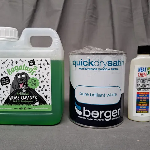 APPROXIMATELY 10 ASSORTED HOUSEHOLD ITEMS IN INCLUDE ARTIFICIAL GRASS CLEANER, QUICK DRY SATIN PAINT, STICKY STUFF REMOVER, ETC - COLLECTION ONLY