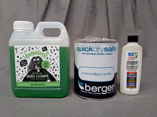 APPROXIMATELY 10 ASSORTED HOUSEHOLD ITEMS IN INCLUDE ARTIFICIAL GRASS CLEANER, QUICK DRY SATIN PAINT, STICKY STUFF REMOVER, ETC - COLLECTION ONLY