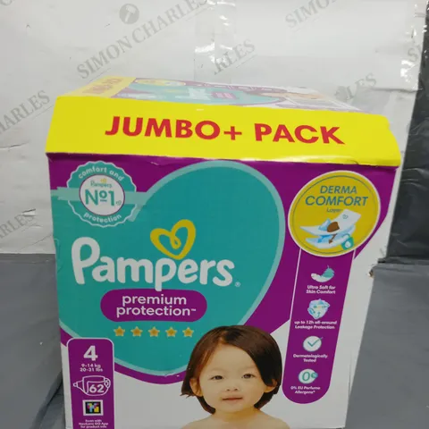 PAMPERS JUMBO+ PACK PREMIUM PROTECTION NAPPIES X 62 SIZE 4 9-14KG/20-31LBS