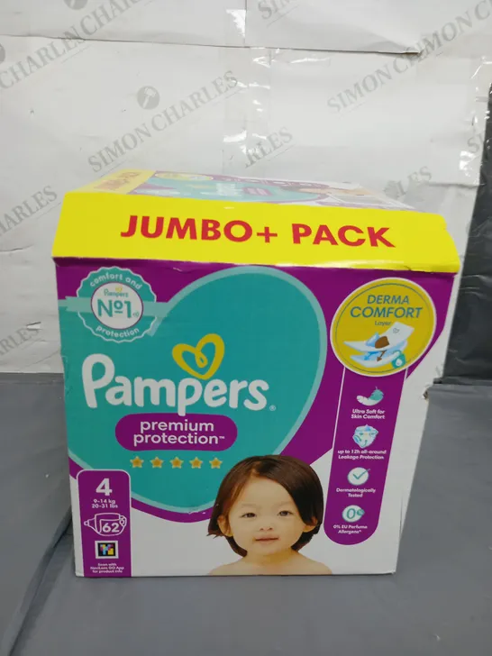 PAMPERS JUMBO+ PACK PREMIUM PROTECTION NAPPIES X 62 SIZE 4 9-14KG/20-31LBS