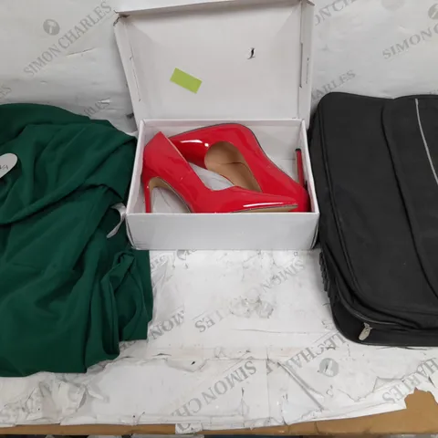 BOX OF APPROXIMATELY 20 ASSORTED HOUSEHOLD ITEMS TO INCLUDE GODDIVA FOREST GREEN DRESS, LAPTOP BAG, RUBY RED HEELS, AND MARLEY POSITIVE VIBRATION XL ANC ETC