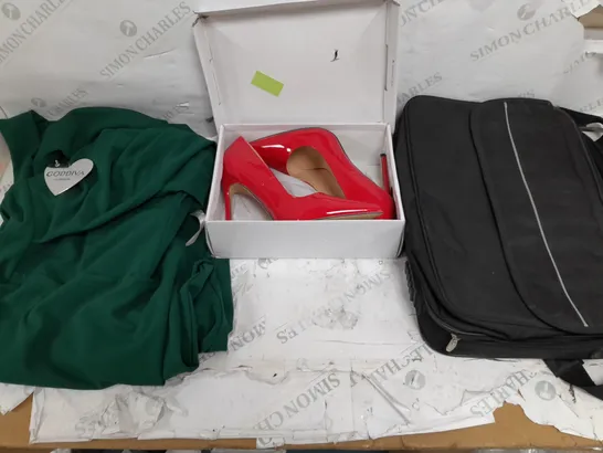 BOX OF APPROXIMATELY 20 ASSORTED HOUSEHOLD ITEMS TO INCLUDE GODDIVA FOREST GREEN DRESS, LAPTOP BAG, RUBY RED HEELS, AND MARLEY POSITIVE VIBRATION XL ANC ETC