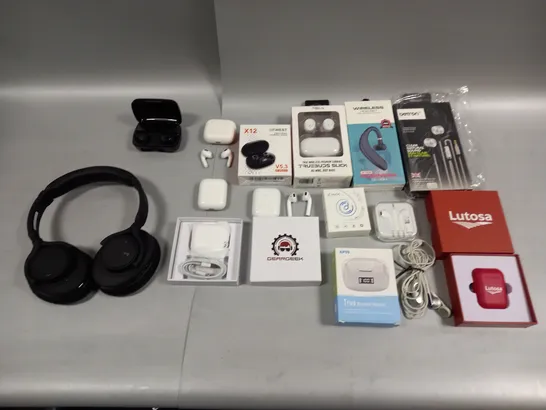 ASSORTED AUDIO GOODS TO INCLUDE LUTOSA EARBUDS, X12 WIRELESS BUDS, AND WIRELESS HEADSET S109 ETC.