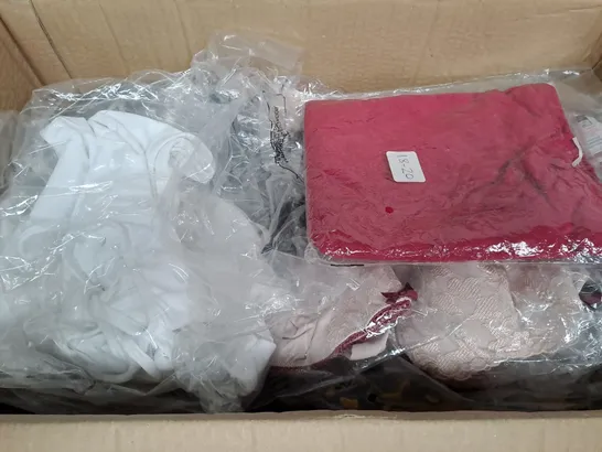 BOX OF ASSORTED CLOTHING TOO INCLUDE BRIEFS , BRAS , ETC -  SIZES VARY 