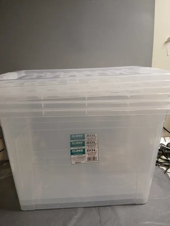 3 KLASS HOME COLLECTION 80L CLEAR STORAGE BOXES WITH LIDS