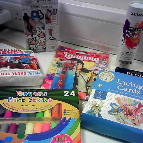 CRAFT/ART SELCTION INC PAINT STICKS, KNITTING SETS, LACING CARDS PENCILS, ETC APPROX 12 ITEMS