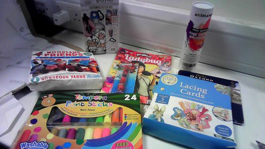 CRAFT/ART SELCTION INC PAINT STICKS, KNITTING SETS, LACING CARDS PENCILS, ETC APPROX 12 ITEMS