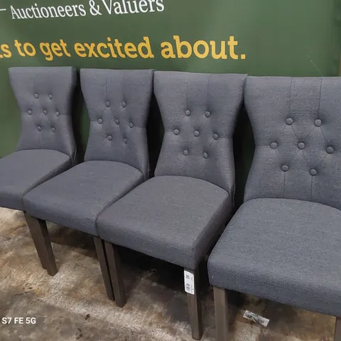 SET OF FOUR BUTTONED BACK UPHOLSTERED DINING CHAIRS CHARCOAL FABRIC ON SILVERED LEGS