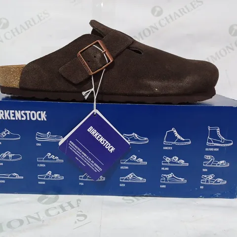 BOXED PAIR OF BIRKENSTOCK FAUX SUEDE SLIP-ON SHOES IN BROWN EU SIZE 44