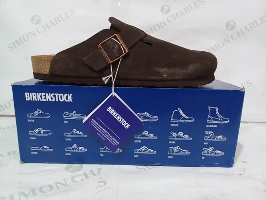 BOXED PAIR OF BIRKENSTOCK FAUX SUEDE SLIP-ON SHOES IN BROWN EU SIZE 44