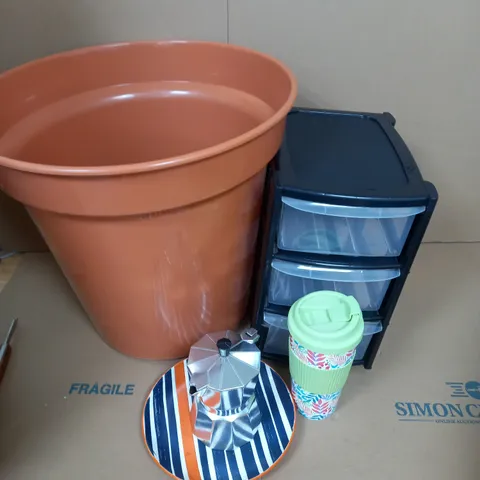 LOT F ASSORTED ITEM TO INCLUDE LARGE PLANT POT - OFFICE STORAGE BOX - BOX OF ASSORTED PLATES AND CUPS - COLLECTION ONLY 