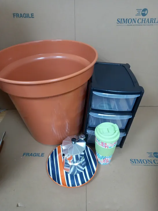 LOT F ASSORTED ITEM TO INCLUDE LARGE PLANT POT - OFFICE STORAGE BOX - BOX OF ASSORTED PLATES AND CUPS - COLLECTION ONLY 