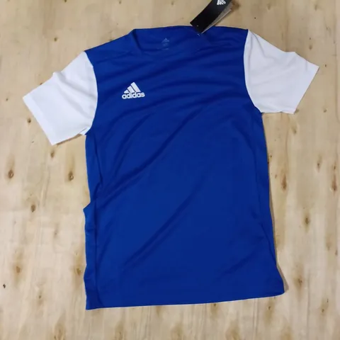 ADIDAS CLIMALITE ROUND NECK TOP IN BLUE/WHITE - XS