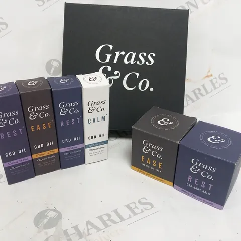 BOXED GRASS AND CO GIFT SET CONSISTING OF; REST CDB OIL 500MG, REST CDB OIL 1000MG, EASE CBD OIL 500MG, CALM CDB OIL 1000MG, EASE CDB MUSCLE BALM AND REST CBD BODY BALM