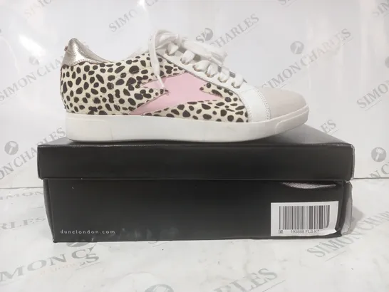 BOXED PAIR OF DUNE LONDON ENERGISED LIGHTNING BOLT TRAINERS IN ANIMAL PRINT/PINK SIZE 7