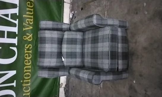 QUALITY DESIGNER LIGHT/DARK GREY TARTAN FABRIC PUSHBACK RECLINER ARMCHAIR 