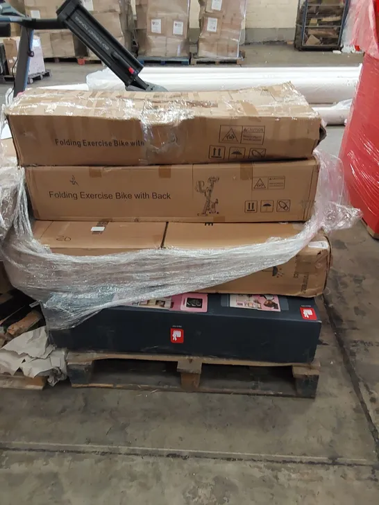 PALLET OF ASSORTED ITEMS INCLUDING,,4.5FT TAMPOLINE WITH NET, VARIOUS EXERCISE BIKES, PLAY KITCHEN 