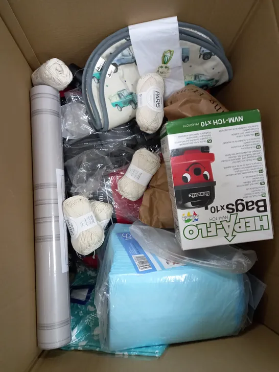 BOX OF APPROXIMATELY 10 ITEMS TO INCLUDE YARN, WALLPAPER, HEAP-FLO BAGS ETC