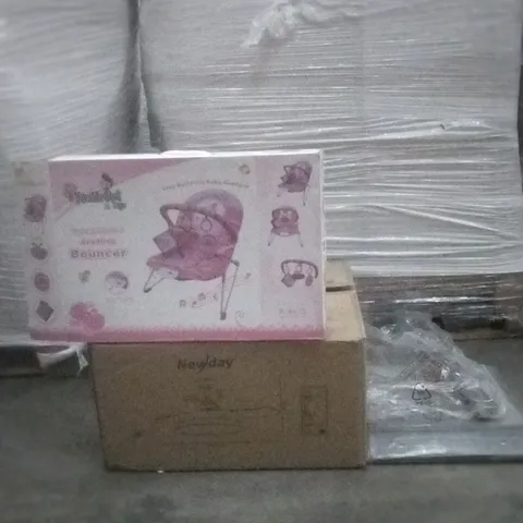 PALLET OF ASSORTED ITEMS INCLUDING,NEWDAY CEILING LIGHT-FAN, FOLDABLE STORAGE BOXES, WALL MOUNTED COAT HANGER AND INSIDE OUT TOYS BABY BOUNCER