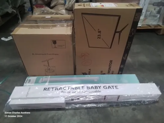 PALLET OF ASSORTED HOUSEHOLD AND ELECTRICAL ITEMS TO INCLUDE MONITOR, BABY GATE AND FRUIT PRESS