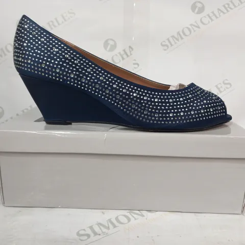 BOXED PAIR OF DIVINE WEDGE HEEL SLIP-ON SHOES IN NAVY W. JEWEL EFFECT SIZE 7