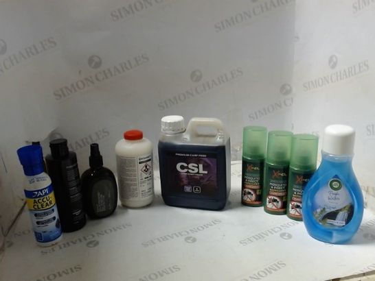 LOT OF ASSORTED ITEMS TO INCLUDE; CARP FEED, INSECT REPELLENT, PAINT ETC