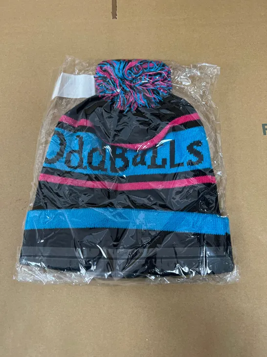 BAGGED ODDBALLS BOBBLE HAT IN BLACK CYAN AND MAGENTA 