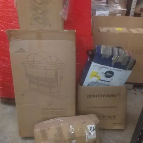 PALLET OF ASSORTED ITEMS INCLUDING  3 TIER STORAGE CART, ELECTRIC PATIO HEATER, AIR BED, BEDSIDE COT