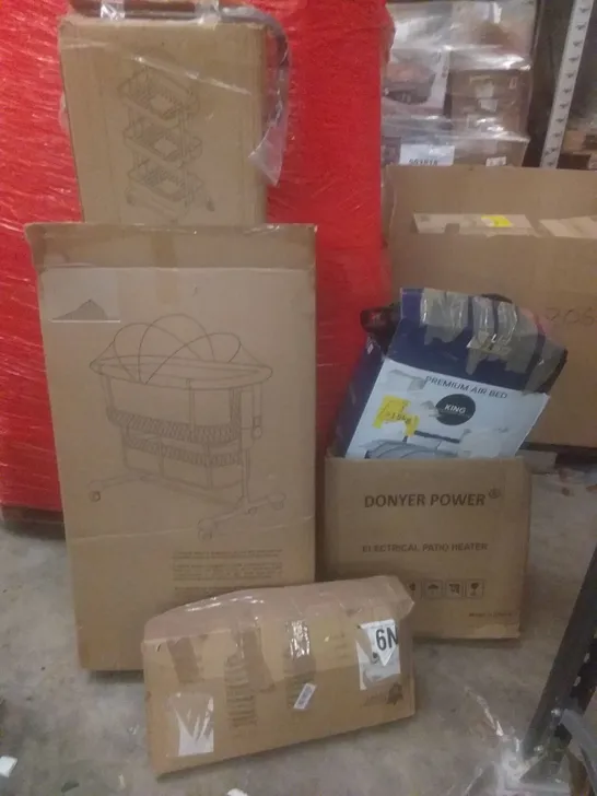 PALLET OF ASSORTED ITEMS INCLUDING  3 TIER STORAGE CART, ELECTRIC PATIO HEATER, AIR BED, BEDSIDE COT