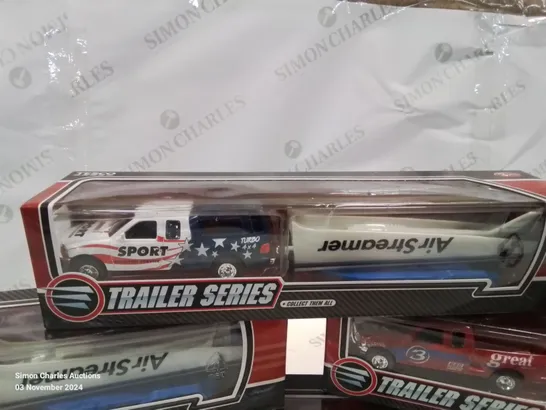 BOX CONTAINING 6 NEW BOXED AND SEALED TRAILER SERIES TOY CARS AND TRAILERS (COLOURS MAY VARY)