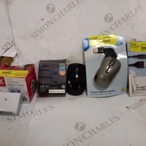 BOX OF APPROX 15 ASSORTED ITEMS TO INCLUDE - ONE FOR ALL TV BOOSTER - MOUSE - CHARGING CABLE - ECT 