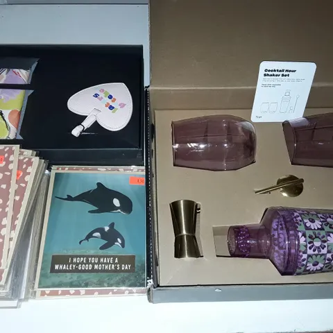 LOT OF ASSORTED ITEMS TO INCLUDE COCKTAIL HOUR SHAKER SET AND GREETING CARDS