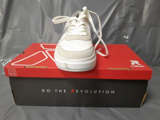 BOXED PAIR OF RIEKER REVOLUTION TRAINERS IN WHITE/PRISMATIC SILVER W. JEWEL EFFECT EU SIZE 39