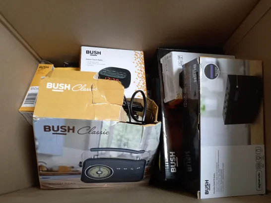 BOX OF APPROX 8 ASSORTED BUSH ITEMS TO INCLUDE - MP3 PLAYER , ALARM CLOCK RADIO , PORTABLE CD PLAYER ETC