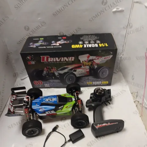 BOXED 1/14 SCALE 4WD RADIO CONTROLLED CAR WITH CONTROLLER, AND USB CHARGING CABLE