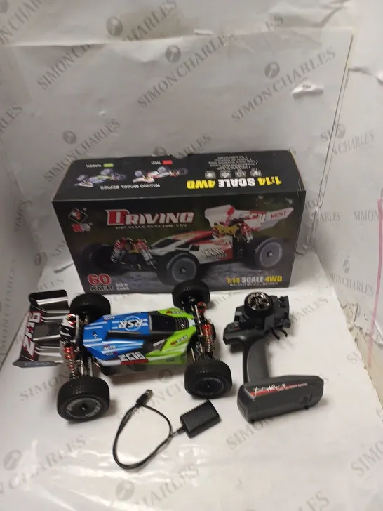 BOXED 1/14 SCALE 4WD RADIO CONTROLLED CAR WITH CONTROLLER, AND USB CHARGING CABLE