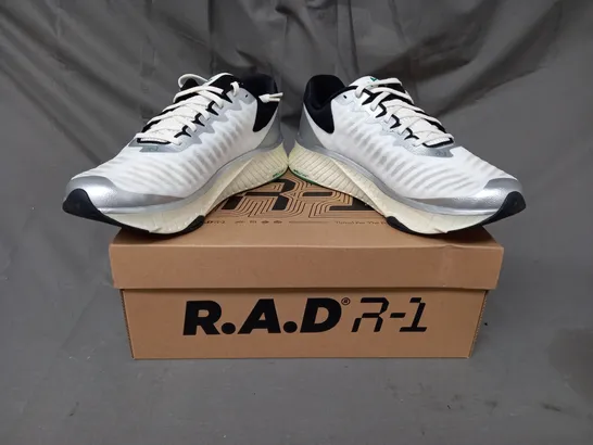 BOXED PAIR OF R.A.D. R-1 SHOES IN WHITE/METALLIC SILVER/GREEN UK SIZE 9.5