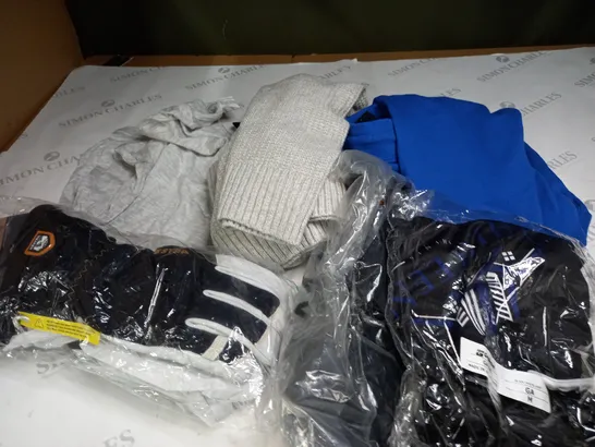 BOX OF ASSORTED CLOTHING ITEMS TOO INCLUDE JUMPERS, SHIRTS AND TROUSERS IN VARIOUS SIZES AND COLOURS   