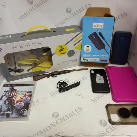 APPROXIMATELY 15 ASSORTED HOUSEHOLD ITEMS TO INCLUDE TABLET CASES, RC HELICOPTER, POWER SUPPLY ETC
