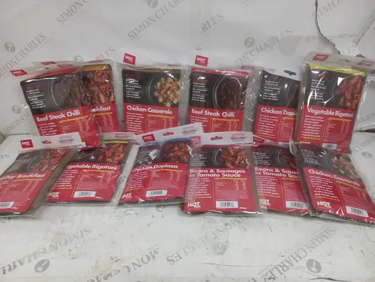 12 HOTPACK READY MEAL ACTION PACKS OF VARIOUS FOODS