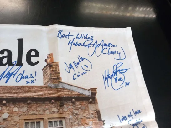 EMMERDALE'THE WOOLPACK' TEA TOWEL SIGNED BY THE CAST