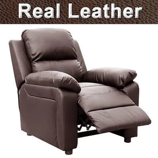 BOXED DESIGNER DUAL RISE LEATHER RECLINER CHAIR IN BROWN (2 BOXES)