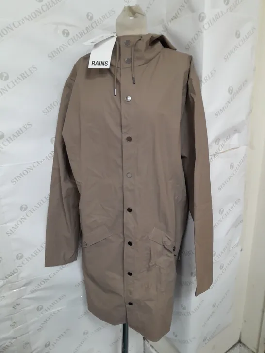 RAINS WATERPROOF LONGLINE RAINCOAT IN TAUPE SIZE M