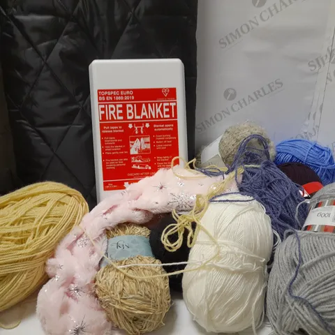 LOT OF 6 ASSORTED HOUSEHOLD ITEMS TO INCLUDE FIRE BLANKET, ASSORTED KNITTING YARNS, ETC 