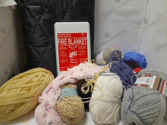 LOT OF 6 ASSORTED HOUSEHOLD ITEMS TO INCLUDE FIRE BLANKET, ASSORTED KNITTING YARNS, ETC 