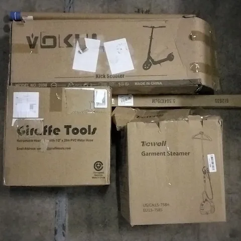 PALLET OF ASSORTED ITEMS INCLUDING TICWELL GARMENT STEAMER, VOKUL KICK SCOOTER, RHODES PRIVACY WINDOW FILM, GIOVARA PVC TREADMILL MAT, GIRAFFE TOOLS