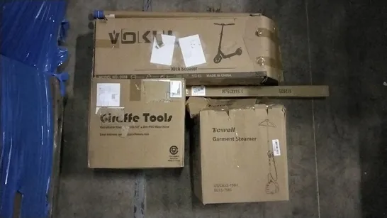 PALLET OF ASSORTED ITEMS INCLUDING TICWELL GARMENT STEAMER, VOKUL KICK SCOOTER, RHODES PRIVACY WINDOW FILM, GIOVARA PVC TREADMILL MAT, GIRAFFE TOOLS