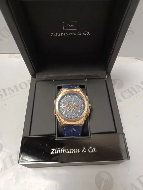 ZIHLMANN & CO BLUE TRIPLE DIAL STUD RUBBER STRAP WATCH